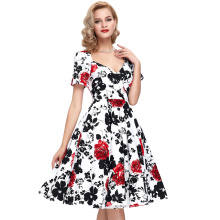 Belle Poque Stock Manga Curta Atrás Atrás Floral Print Cotton Spandex Vintage 50s Pinup Dress BP000028-3